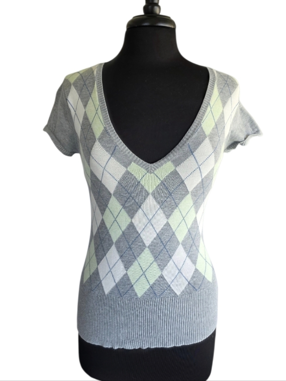Vintage Polo Jeans Ralph Lauren Gray and Mint Argyle V-Neck Sweater